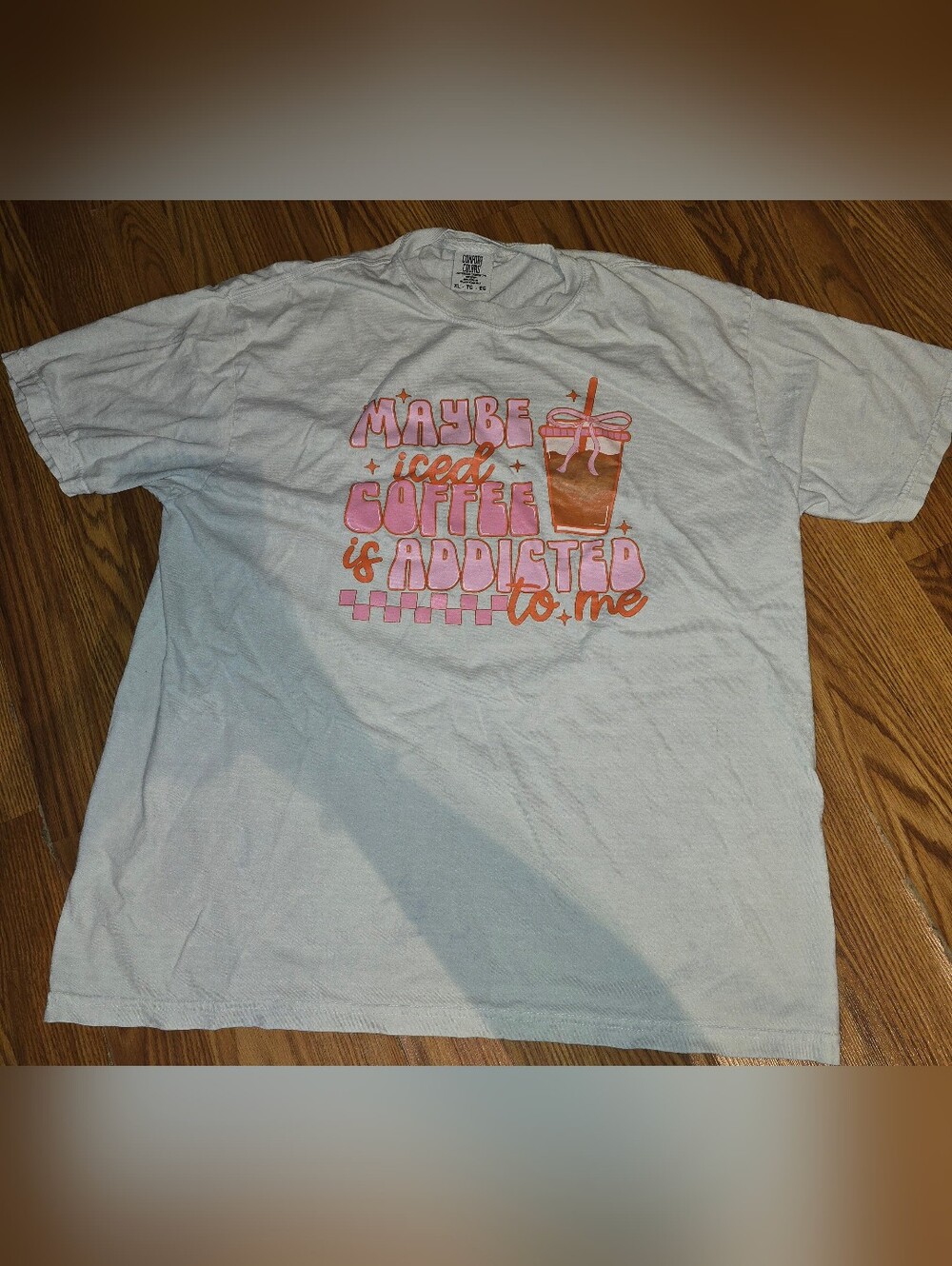 Comfort Colors White T‑Shirt with Pink and Brown Iced Coffee Graphic Top